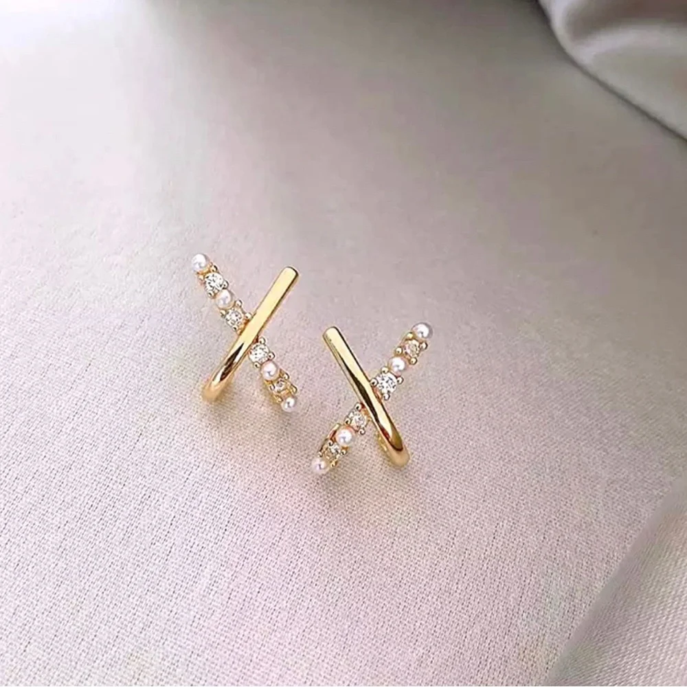 Gold Plated Cross Shaped Pearl and Zircon Stud Earrings - Picture 7 of 9